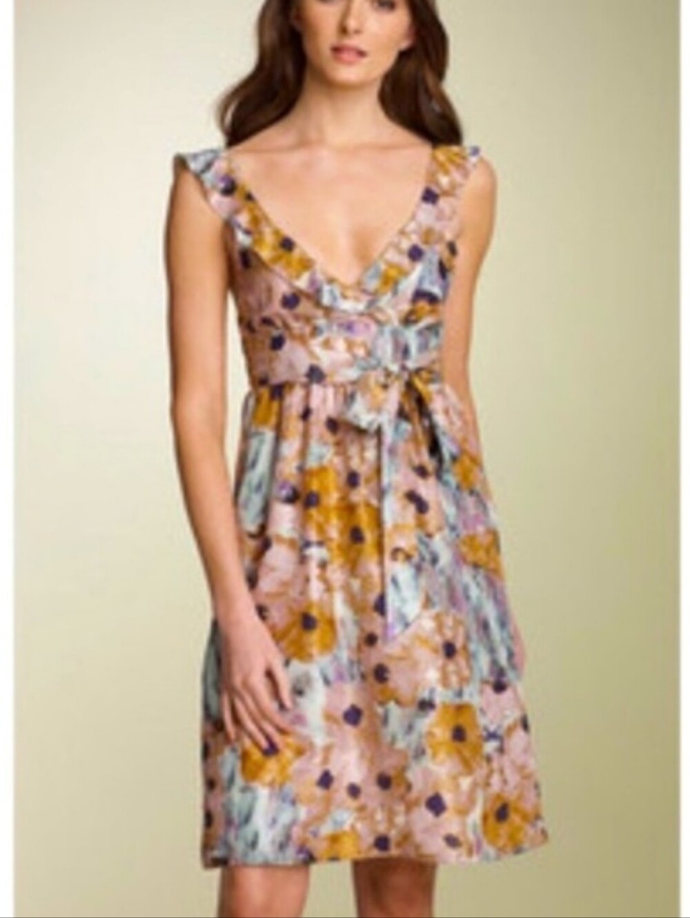 Theory Watercolor Floral V-Neck Midi Dress 100% Silk Size 6